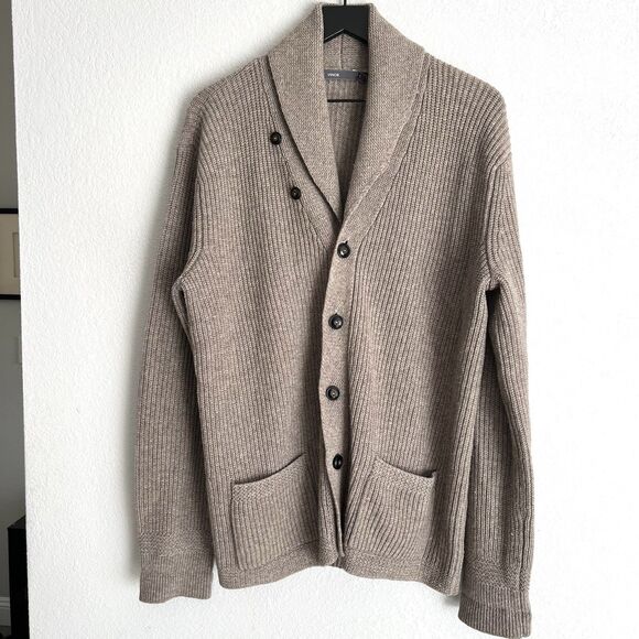 Vince Men’s Wool Yak Shawl Collar Cardigan Size L Light Brown - Picture 1 of 7